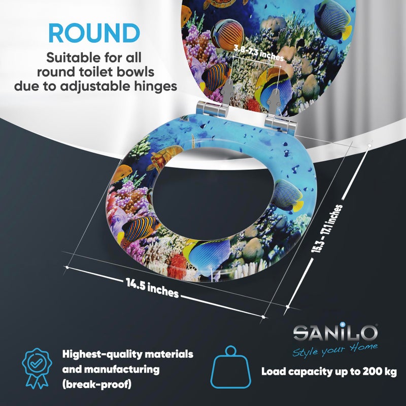 SANILO Wooden Toilet Seat with Soft Close [ROUND] - Decorative, Quiet & Slow Close Molded Wood Seat - With Strong Bumpers & Hinges - Adjustable Fit â€“ Ocean - Image 4